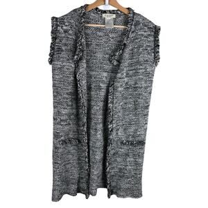 Cocogio Cardigan Black & White Knitted Fringe Soft Open‎ Front Sleeveless ITALY